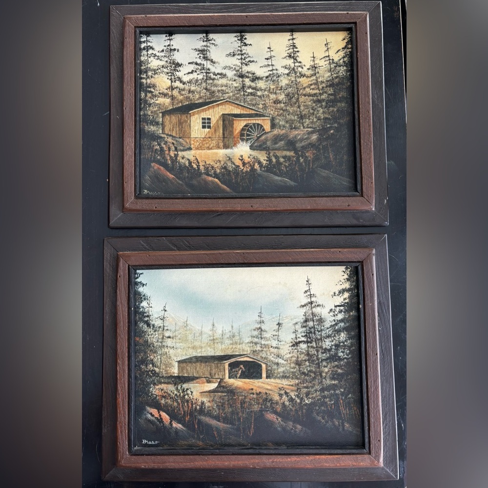 2 Paintings Bruso Barn Horse Bridge Wood 9.5” by 12”